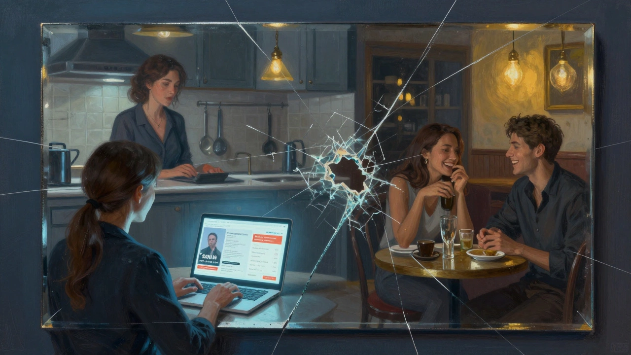 A fractured mirror shows three scenes: a worker, a client on a laptop, and a couple at a jazz café, symbolizing illusion and connection.