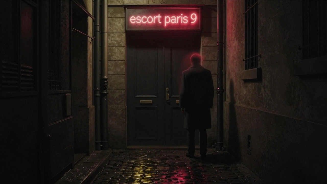 A shadowy figure hesitates at the entrance of a dim alley in Paris, a faint neon sign barely visible in the background.